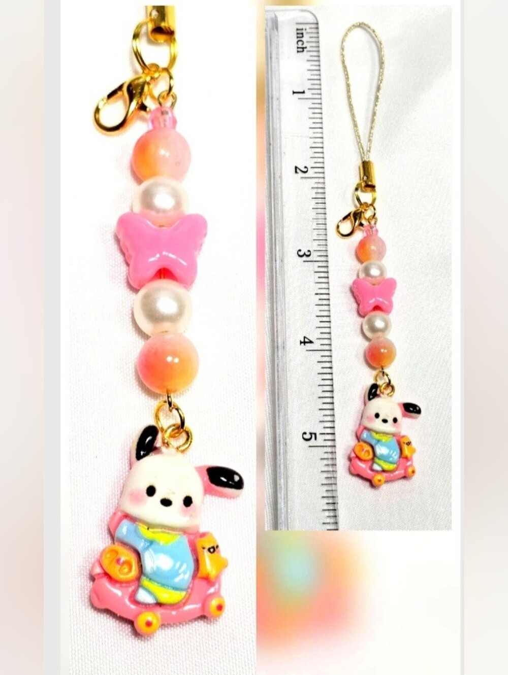 Cute Pink Pochacco Kawaii Beaded Key Chain or Phone Charm